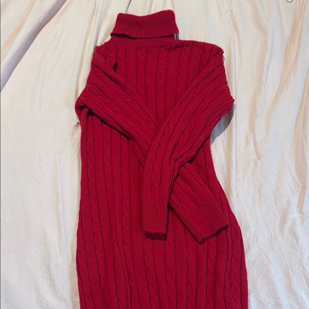 Red Cable Knit Turtleneck Sweater Dress
